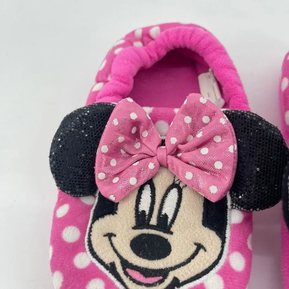 Disney Minnie Mouse Girls Pink Polka Dot Sequin Plush Slippers XL 11/12